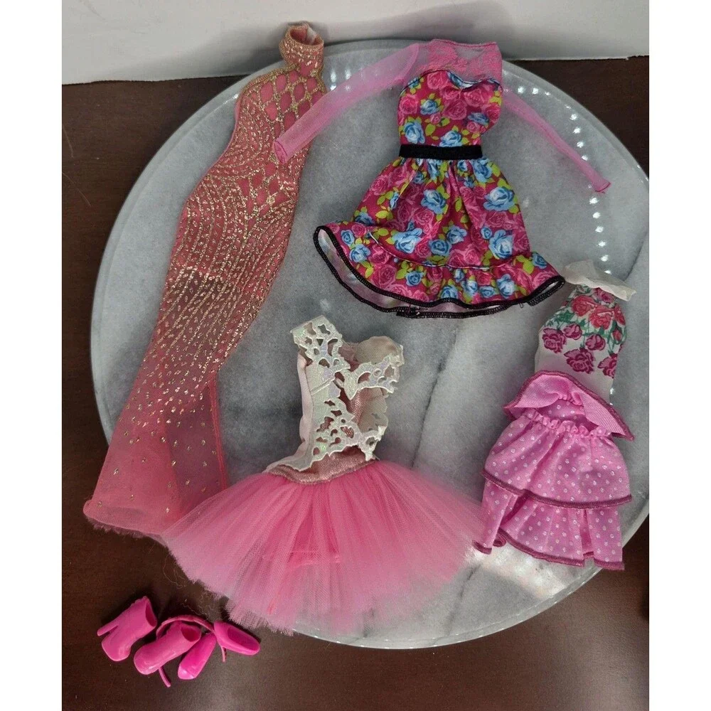 Barbie Doll Size Pink Party Dresses Lot Tiara Evening Heel Boots Clothing Outfit